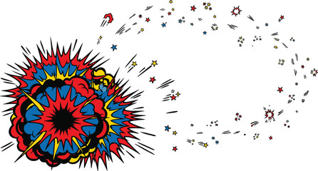 Comic book style colorful explosion blast with debris trail swoosh graphic for action hero vector template.eps © MDACHIB