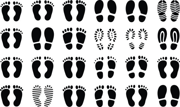 Human footprint and shoe sole prints collection isolated on white for investigative design