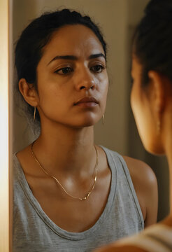 Young indian woman looking at her reflection in a mirror, self-care and mental health concept, personal growth and introspection
