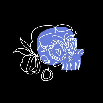 Sugar skull with floral hair piece and hoop earring in line art outline style with periwinkle blue color accent on black background. Mexican Day of the Dead Dia de los Muertos hand-drawn vector