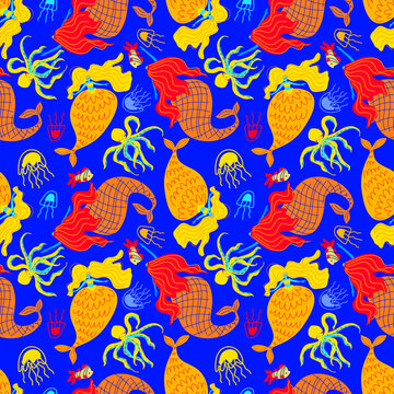 Seamless vector pattern with cute mermaids, octopus, jellyfish, and small fish on a vibrant blue background. Colorful underwater ocean life hand-drawn illustration for kids fabric, textile, wrapping
