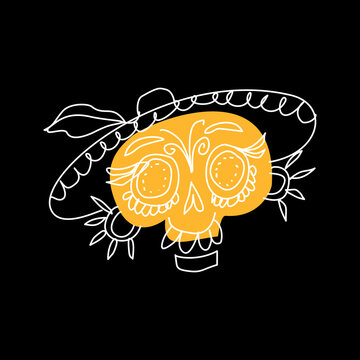 Sugar skull wearing sombrero hat in line art outline style with yellow accent on black background. Mexican Day of the Dead Dia de los Muertos hand-drawn vector illustration for Halloween, fiesta party