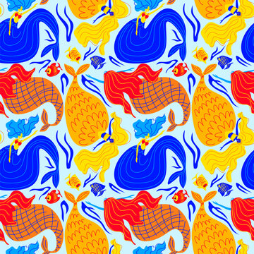 Seamless vector pattern with beautiful mermaids, small fish, and seaweed on light blue background. Underwater ocean life colorful hand-drawn illustration for kids fabric, textile, wrapping paper