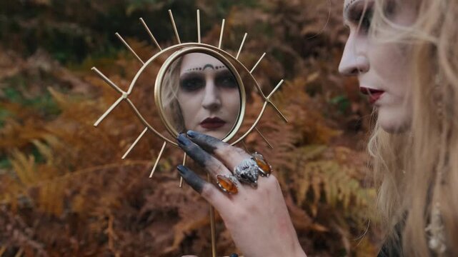 Close-up scene shows pale woman reaching hand with black-stained fingertips and amber silver rings toward decorative round mirror, revealing dark makeup face beside autumn ferns and muted glow