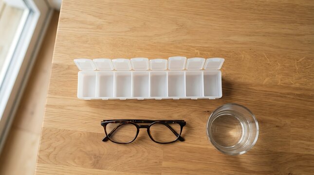 Weekly pill organizer with eyeglasses and a glass of water on a wooden table representing medication management and World Patient Safety Day in a clean minimalist top-down style