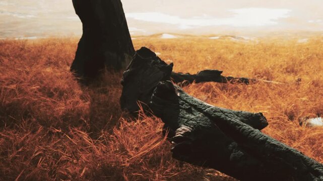 A log lies on the ground surrounded by tall orange grass. Trees stand in the background in warm light. The scene shows natural colors and textures during daytime.