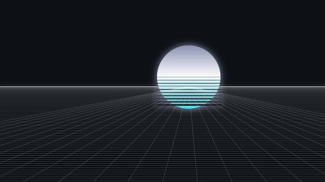 Cyberpunk cityscape with glowing moon and futuristic grid lines