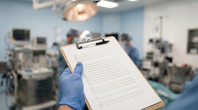 Medical practitioner holding a safety checklist on a clipboard in a blurred operating room background for World Patient Safety Day and healthcare quality campaign landscape photo