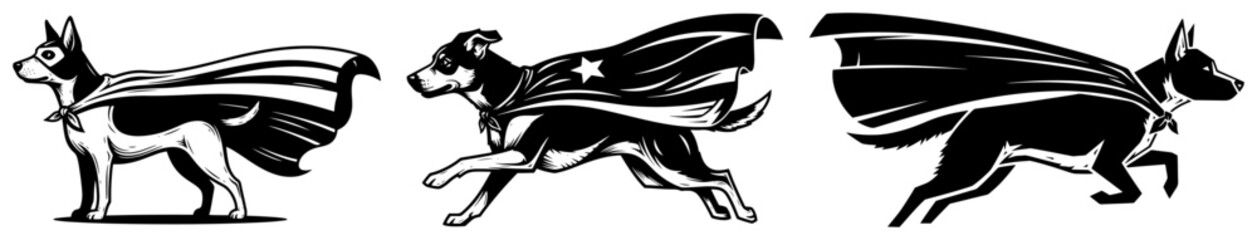 Superhero dogs wearing capes set, heroic pet characters illustration for comic and kid themes in woodcut style © Luka