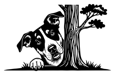 Dog peeking from behind a tree in nature, curious pet hunting or playing hide and seek woodcut vector
