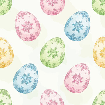 Seamless pastel Easter egg pattern background. Watercolor spring holiday texture with floral designs for crafts and decor.