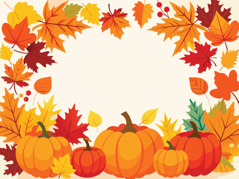 Autumn fall leaves and pumpkin border frame