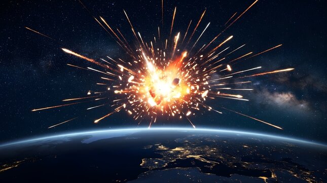 Meteor explosion in earth's upper atmosphere, space view