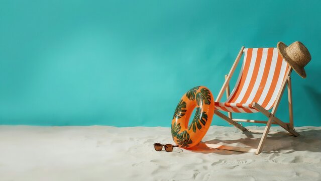 A striped deck chair with an orange swim ring and straw hat on white sand