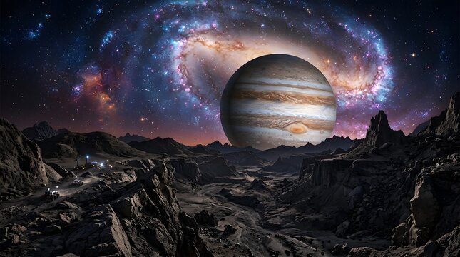 Jupiter dominating the horizon above a rugged alien rocky landscape
