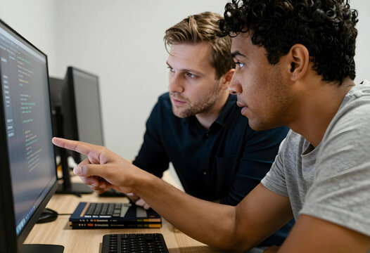 Two diverse male software developers collaborating on code at a computer workstation in a modern office environment