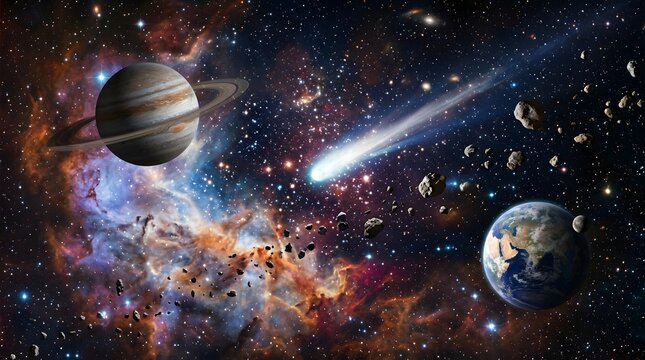 Deep space panorama with ringed planet, earth, and comet