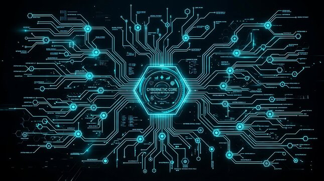 Glowing blue circuit board with futuristic cybernetic core network map
