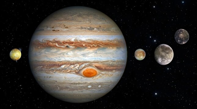 Jupiter with red spot and galilean moons in deep space