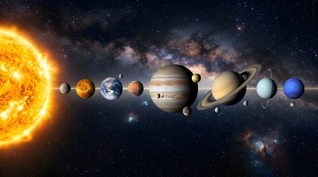 The solar system with sun and planets aligned in deep space