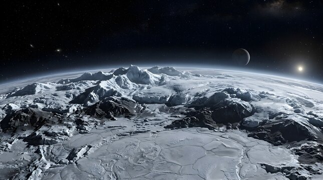 Icy mountain ranges and frozen plains on the surface of pluto