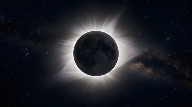 Total solar eclipse with glowing white corona against dark starry space