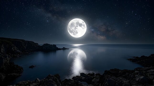Full moon shining over a calm ocean inlet at night