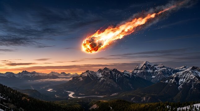 Massive flaming meteor streaking across a twilight mountain sky