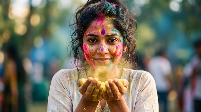 Young woman with colorful holi powder on face, holding yellow pigment in cupped hands