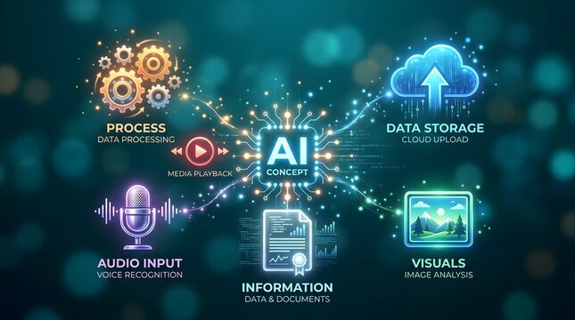 Ai concept infographic with gears, cloud upload, audio, and data