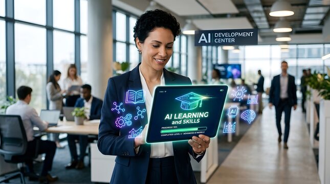 Woman in suit holding tablet with ai learning and skills overlay