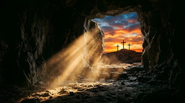 View from inside a dark stone cave toward three crosses at sunset