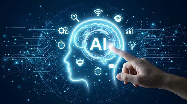 Human hand touching a glowing ai brain with digital network nodes