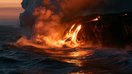 Fototapeta premium Spectacular Volcanic Eruption: Powerful Lava and Steam on Coastal Island Landscape