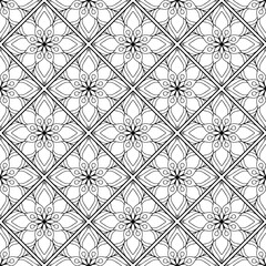 Fototapeta premium Black and white seamless geometric floral pattern with decorative diamond tiles and elegant ornamental line art. Vector pattern background design.