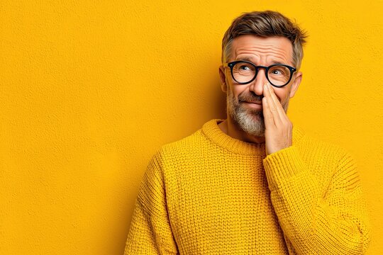 man with allergies touching his nose