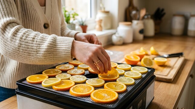 Woman Hands Placing Fresh Orange and Lemon Slices on Food Dehydrator Tray in Kitchen Countertop