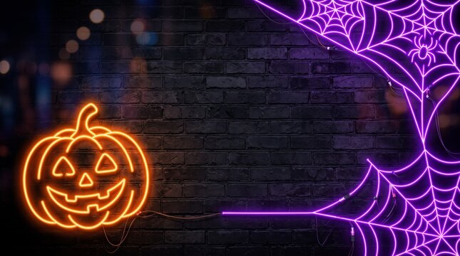 Neon jack o lantern and glowing purple spider web on dark brick wall with trick or treat, halloween