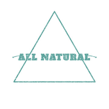 Vintage All Natural stamp with triangle frame, distressed teal rubber seal on white background, rustic organic product labeling icon