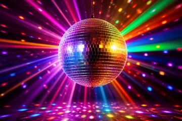 Obraz premium Disco ball reflecting multicolored lights in nightclub dance floor