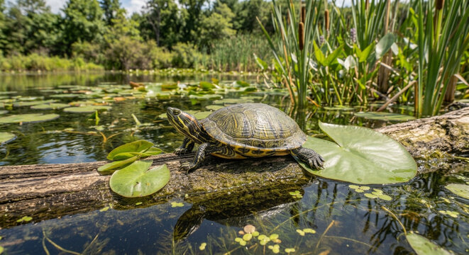 A cucumber slider turtle in a pond