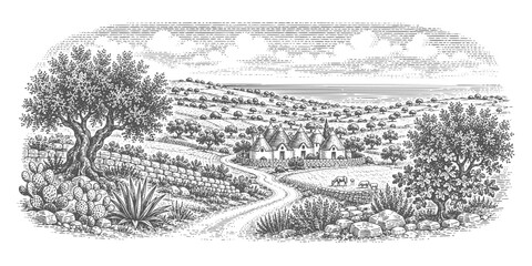 Obraz premium South Italian countryside with trulli houses and olive groves. Vintage woodcut engraving linocut style vector illustration.