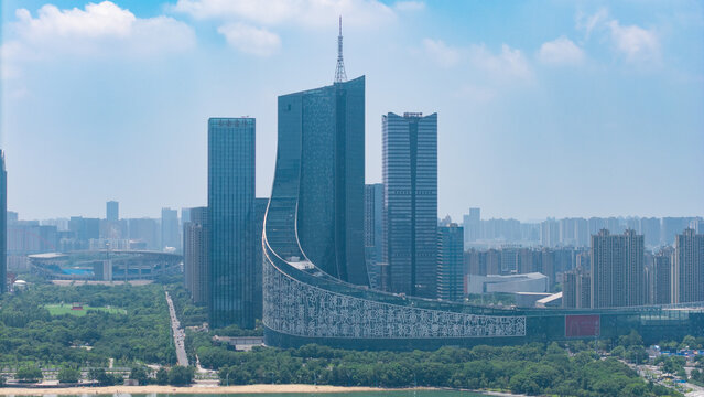 Aerial view of Anhui Radio and Television Center landmark building in Hefei Swan Lake CBD
