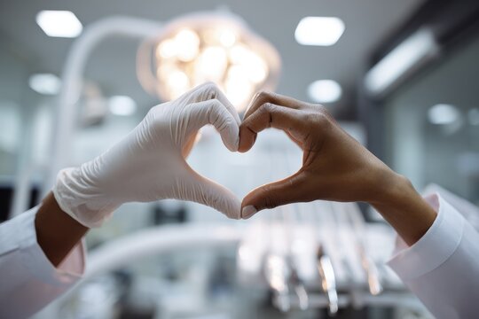 Human-centered care: intimate portrait of a dentist and patient sharing a heart gesture
