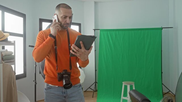 Man photographer in orange sweater holding tablet and camera, phone to ear, reading notes by green screen and softbox lights in studio; creative focus.