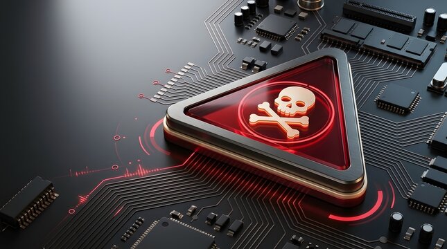 Critical ransomware attack alert showing red skull symbol on motherboard chip representing data breach and computer system hacking danger