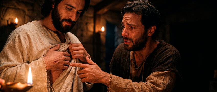Apostle Thomas touching the wounds of Jesus Christ. Biblical scene of a man examining the marks on human body. Religious concept of faith, belief, divine encounter and miracle story.