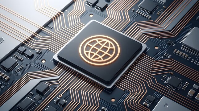 Global networking microchip processor on motherboard with illuminated globe icon symbolizing internet of things and worldwide connectivity