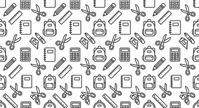 Seamless Pattern of School Supplies: Backpacks, Notebooks, Scissors, Pencils, Rulers, Calculators