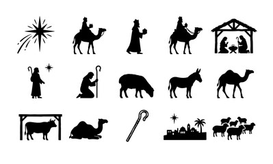 Fototapeta premium Nativity scene silhouette icons set, Christmas religious story elements with 15 vector graphics, Bethlehem birth of Jesus holy night illustrations